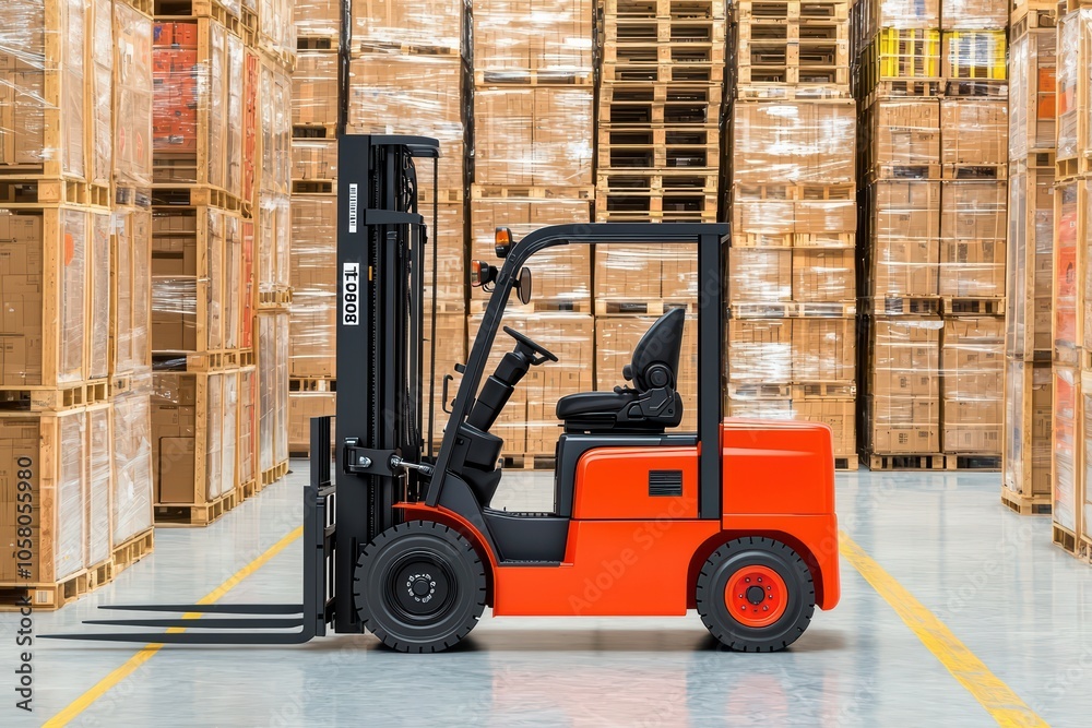 Electric forklift in a warehouse filled with stacked boxes, showcasing ...