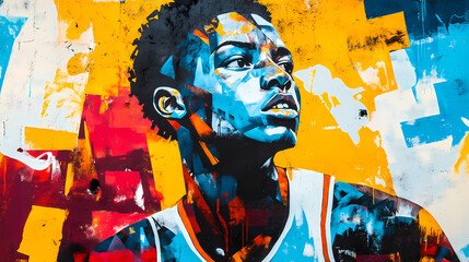 Wall Mural - Vibrant urban graffiti mural of young basketball player on textured wall with colorful abstract background. mixed media street art. Graffiti Murals. Illustration