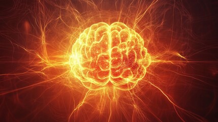 Leinwandbilder - A vibrant brain emits bright energy bursts, surrounded by swirling light patterns against a dark backdrop. This visual representation highlights the complexity and power within the human mind.