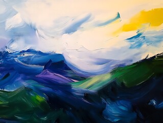 Poster - Abstract Landscape Art with Swirling Blue Mountains and Majestic Yellow Hues Creating a Balanced Composition : Generative AI