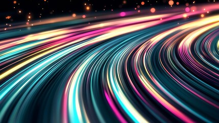 Fototapete - Vibrant Curved Light Trails in Neon Colors Creating Energetic Nighttime Path : Generative AI