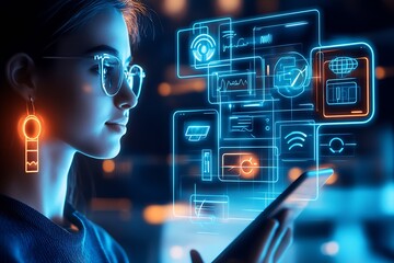 Aufkleber - Young Woman Exploring Futuristic Holographic Information on Smart Device : Generative AI