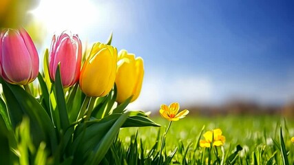 Wall Mural - Pink and yellow tulips bloom in a grassy field on a sunny day