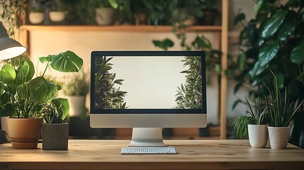 Poster - Modern Workspace with Computer Surrounded by Indoor Plants for Home Office Inspiration : Generative AI