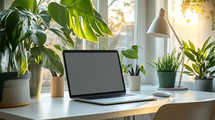 Poster - Serene Morning Workspace with Laptop Amidst Lush Green Indoor Plants : Generative AI