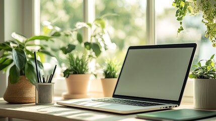Poster - Serene Home Office with Laptop and Sunlit Green Plants on Wooden Desk : Generative AI