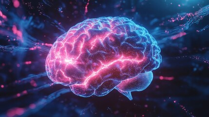 Poster - A vivid illustration of a human brain in pink and blue, featuring complex neural connections against a dark background, emphasizing cognitive activity and thought processes.