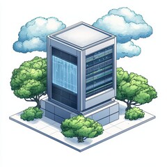 Poster - Modern data center building with trees and clouds, white isolate background