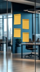 Poster - Minimalist Office Interior with Strategic Sticky Notes on Glass for Efficient Workflow : Generative AI
