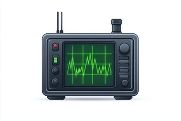 Poster - Retro monitor with sound wave display, black design on white isolated background.