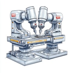 Poster - Two advanced robotic arms working together, designed for precision manufacturing, isolated on a white background.