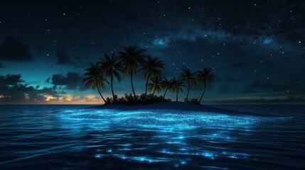 Wall Mural - A serene tropical island illuminated by bioluminescent waves under a starry sky.