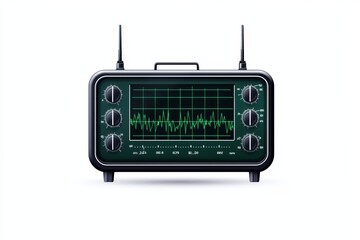 Vintage radio with waveform display, sleek design, isolated on white background.