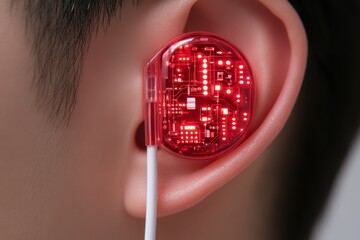 Close-up of a person wearing a red transparent earbud with visible circuitry and LED lights.