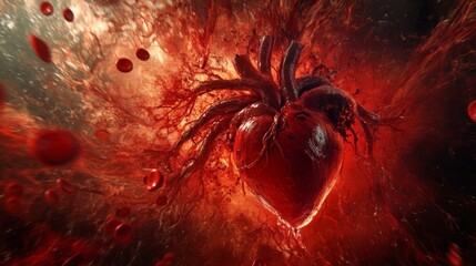 Poster - The artwork showcases a large, anatomically detailed heart at the center, enveloped by splashes of deep red liquid, creating a dramatic and energetic effect. The background enhances the vividness.