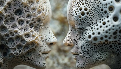 Aufkleber - Closeup of two digital heads with intricate patterns, symbolizing the dialogue and connection enabled by generative AI, set against a futuristic background