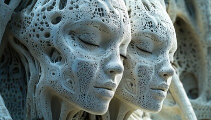 Aufkleber - Closeup of two digital heads with intricate patterns, symbolizing the dialogue and connection enabled by generative AI, set against a futuristic background