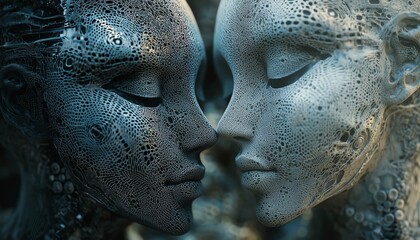 Aufkleber - Closeup of two digital heads with intricate patterns, symbolizing the dialogue and connection enabled by generative AI, set against a futuristic background