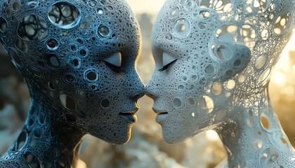 Aufkleber - Closeup of two digital heads with intricate patterns, symbolizing the dialogue and connection enabled by generative AI, set against a futuristic background