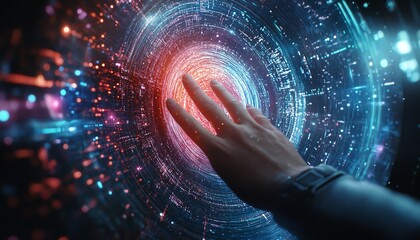 Aufkleber - Futuristic hand touching the metaverse, immersed in a swirl of digital lights and holograms, symbolizing the connection between humanity and technology