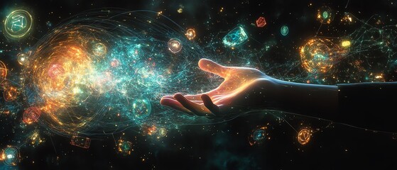 Aufkleber - Hand extended into a virtual metaverse universe with glowing digital icons, holographic grids, and immersive technology effects, symbolizing digital evolution