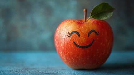 Red apple with cute face illustration, smiling fruit on blue background, whimsical character design, fun food art, healthy eating, adorable concept, playful expression, fresh apple, happy vibes