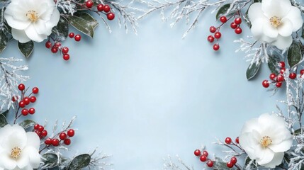 Poster - White flowers, red berries, and branches covered in a light dusting of snow create a frame around a light blue background.
