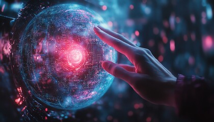 Poster - Human hand touching a glowing digital sphere of the metaverse, with neon lights, futuristic tech elements, and immersive virtual details in a dark background