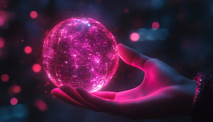 Poster - Human hand touching a glowing digital sphere of the metaverse, with neon lights, futuristic tech elements, and immersive virtual details in a dark background