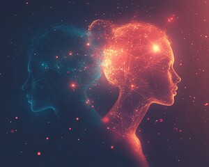 Aufkleber - Illustration of two stylized heads surrounded by glowing networks and AIgenerated patterns, capturing the essence of connection and communication in a digital landscape