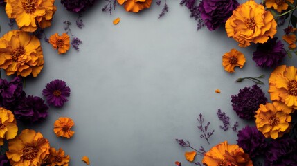 Poster - A stunning display of orange marigolds and deep purple blooms surrounds a light blue backdrop, creating a vibrant and inviting atmosphere that enhances the aesthetic appeal of any space.