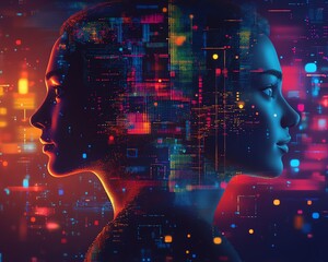 Aufkleber - Illustration of two stylized heads surrounded by glowing networks and AIgenerated patterns, capturing the essence of connection and communication in a digital landscape