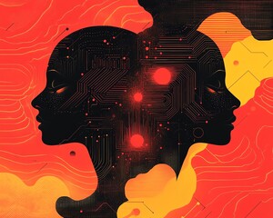 Aufkleber - Illustration of two stylized heads surrounded by glowing networks and AIgenerated patterns, capturing the essence of connection and communication in a digital landscape