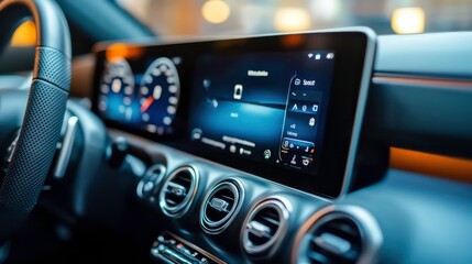 Close-up of a car's dashboard with a digital screen and air vents.