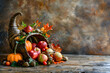 © vectorman92 - Vibrant cornucopia filled with autumn produce, acorns, and fall leaves on rustic table for cozy seasonal decor