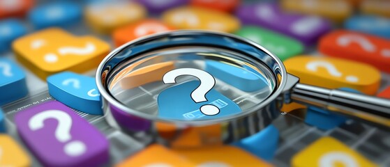 Aufkleber - Visual of a search bar on a computer screen with colorful question icons representing FAQs, highlighting the act of searching for information online