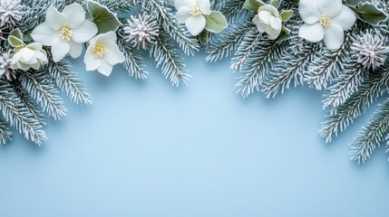 Poster - Delicate white flowers are arranged with frosted pine branches against a soft light blue backdrop, creating a serene and festive atmosphere perfect for winter celebrations or seasonal decor.