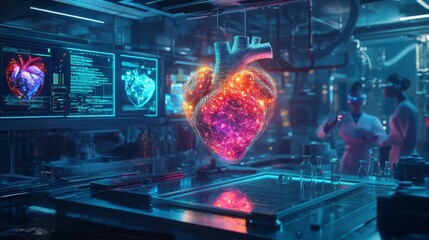 Poster - Two scientists in lab coats and VR headsets work in a futuristic lab with a glowing digital heart hanging above a table.