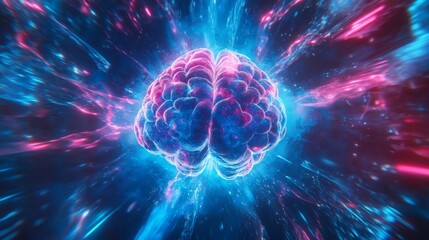 Poster - This visual representation showcases a brain surrounded by swirling vibrant colors and energy channels, symbolizing the interconnectedness of thoughts and ideas in a cosmic setting.