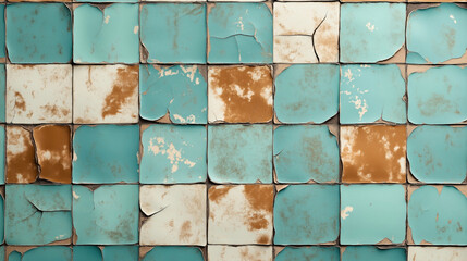 Wall Mural - Close-up of a weathered and cracked tile wall with turquoise, white, and brown colors showing wear and peeling paint.