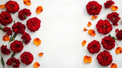 Poster - A vibrant arrangement of red marigold flowers is placed alongside scattered orange petals. The contrasting colors create a lively decorative effect against a clean, light background.
