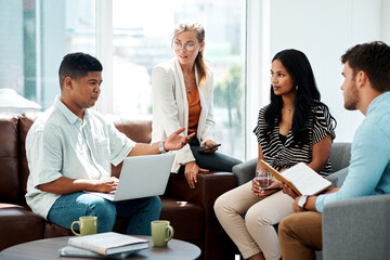 Poster - business people, creative meeting and team brainstorming in office, talk and graphic design agency. 