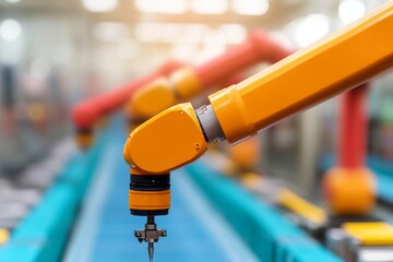 Close-up of robotic arm on production line, orange and red color, modern factory.