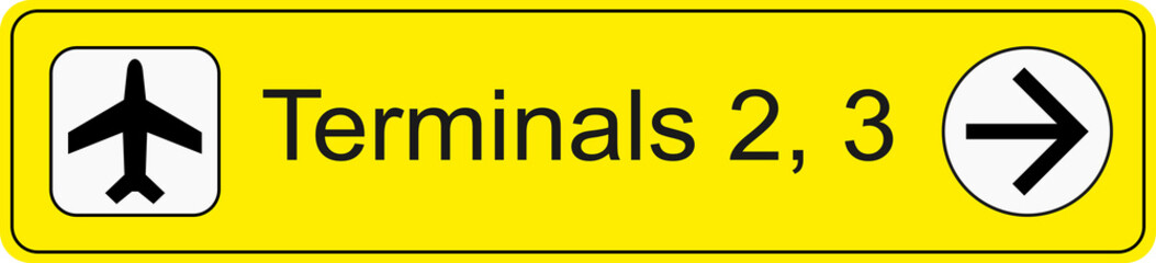 Yellow and black transparent png file of airport information terminal sign showing the direction of terminals 2 and 3