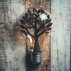 Creative representation of a tree growing inside a light bulb on rustic wooden background symbolizing innovation and sustainability in nature