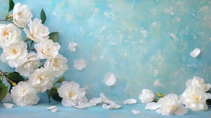 Poster - A stunning arrangement of white flowers is displayed on a tranquil blue background, with delicate petals scattered around, creating a serene and elegant atmosphere suitable for various occasions.