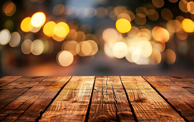 Empty wooden table with a shimmering black and gold glitter backdrop. Merry Christmas and Happy New Year Holiday background. Bright bokeh, creating a striking visual contrast