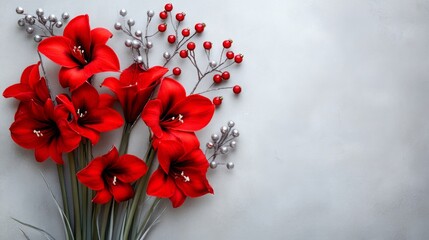 Aufkleber - A bouquet of red amaryllis flowers with green stems and leaves are placed on a gray background. Scattered around the flowers are small sprigs of red berries and silver beads.