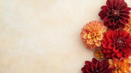 Poster - A beautiful arrangement of dahlias showcases rich reds and warm oranges against a soft, textured backdrop.