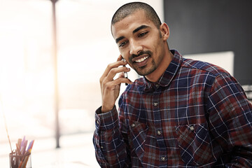Aufkleber - Business, man and happy at office on phone call for communication and networking as graphic designer. Male person, employee and smile on desk with consultation, connection and advice for creativity